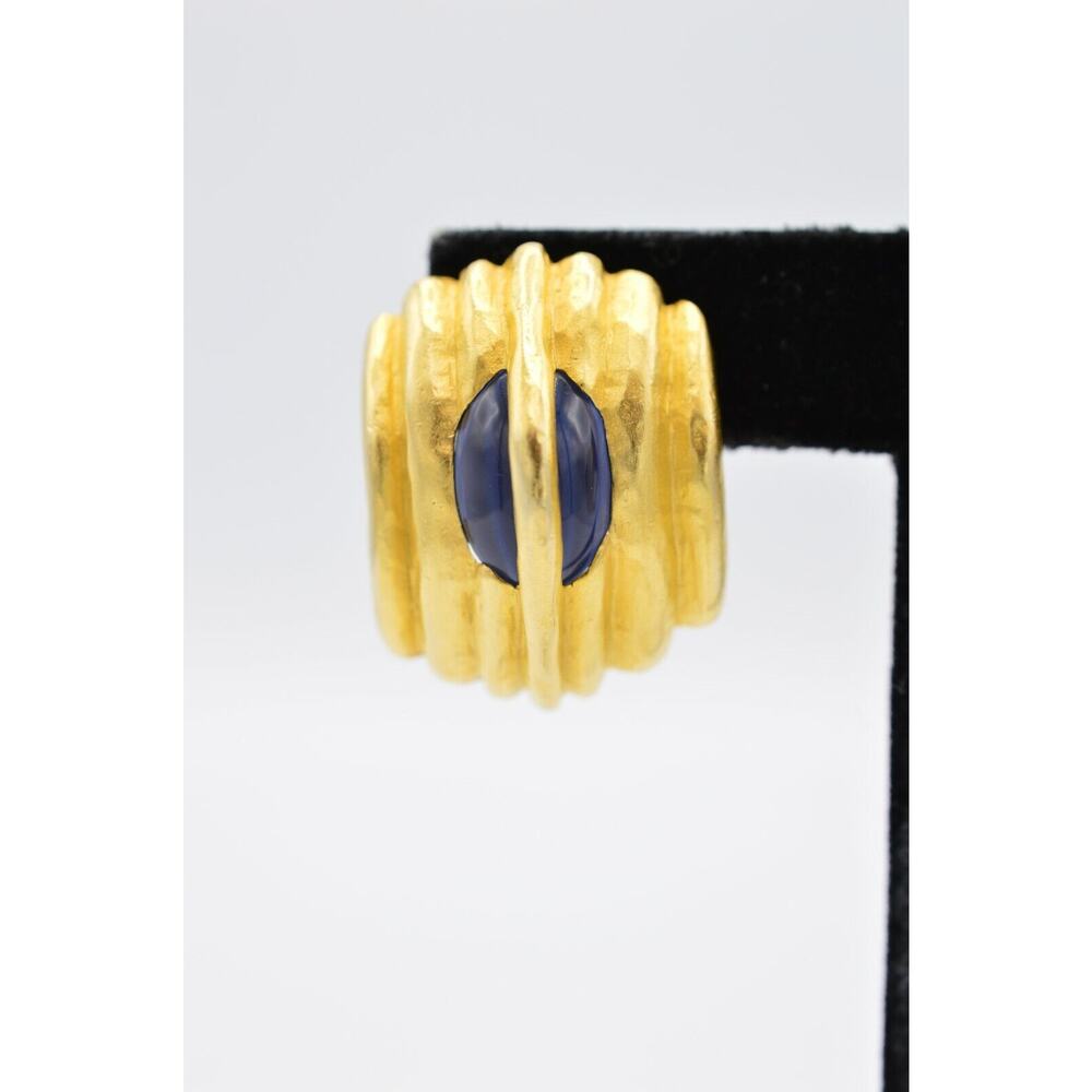 Givenchy Vintage Cabochon Clip On Earrings Brushed Gold Blue Chunky Signed BinX - Picture 6 of 12